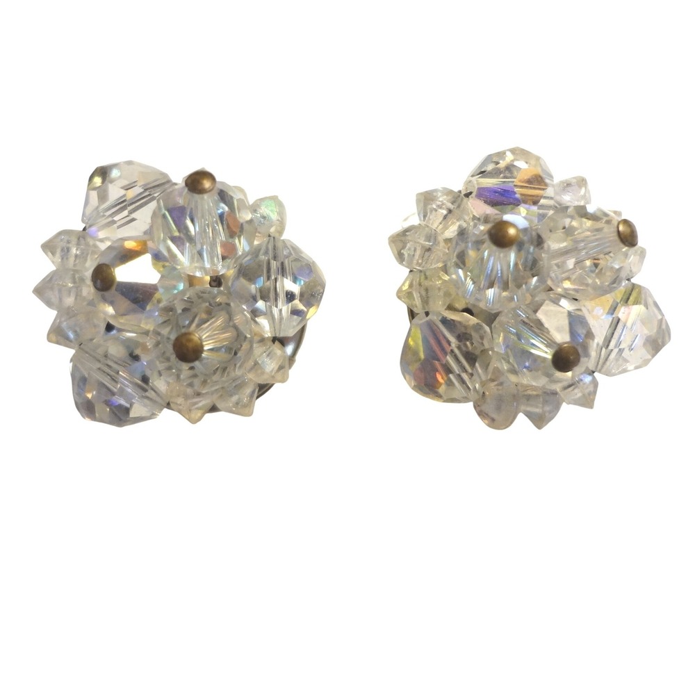 Vintage Crystal Cluster Earrings Clear Excellent Aurora Borealis Germany
